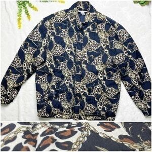 Vintage 80s 90s Anna and Frank Silk Zip Front Quilted Jacket Black Leopard Med